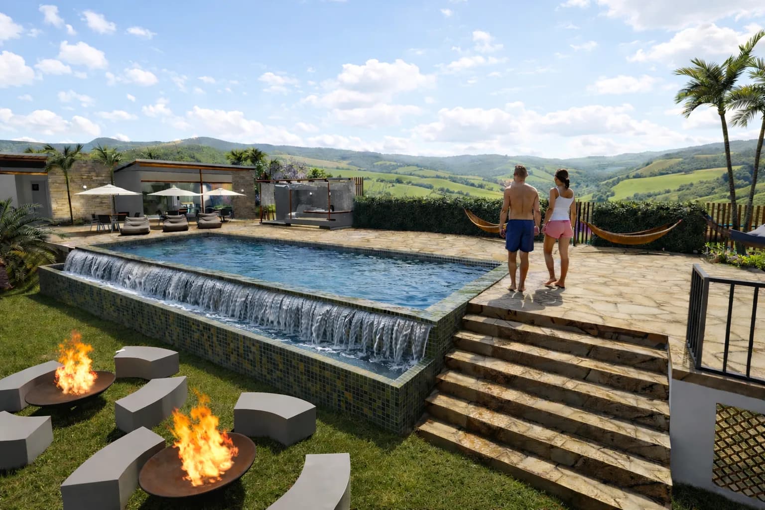 Piscina de borda infinita com cascata, fogo de chão e vista aberta para o vale (imagem ilustrativa)