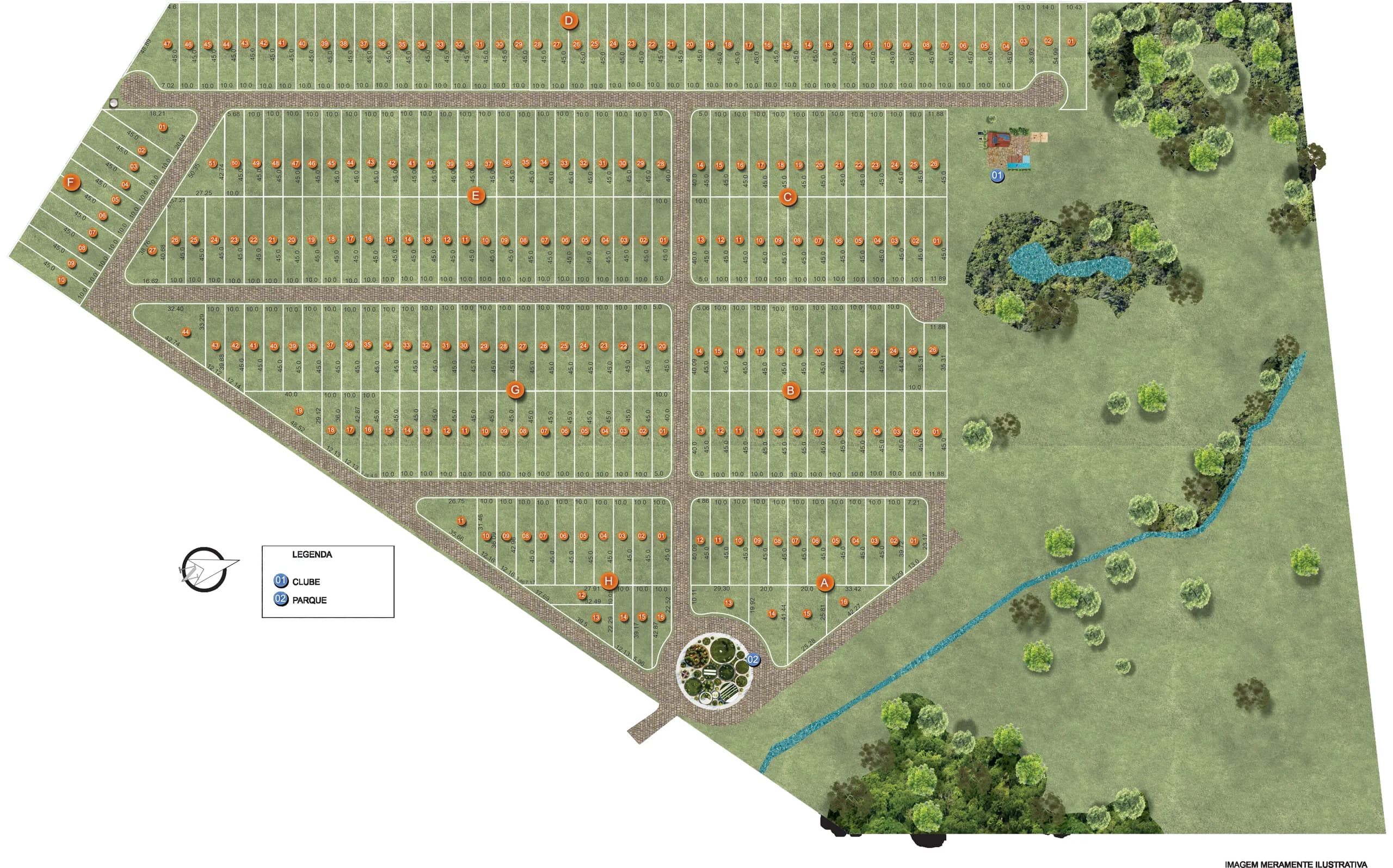 Masterplan do Vale das Jabuticabas: quadras A a H, sistema viário, clube, praça e área de preservação (imagem ilustrativa)