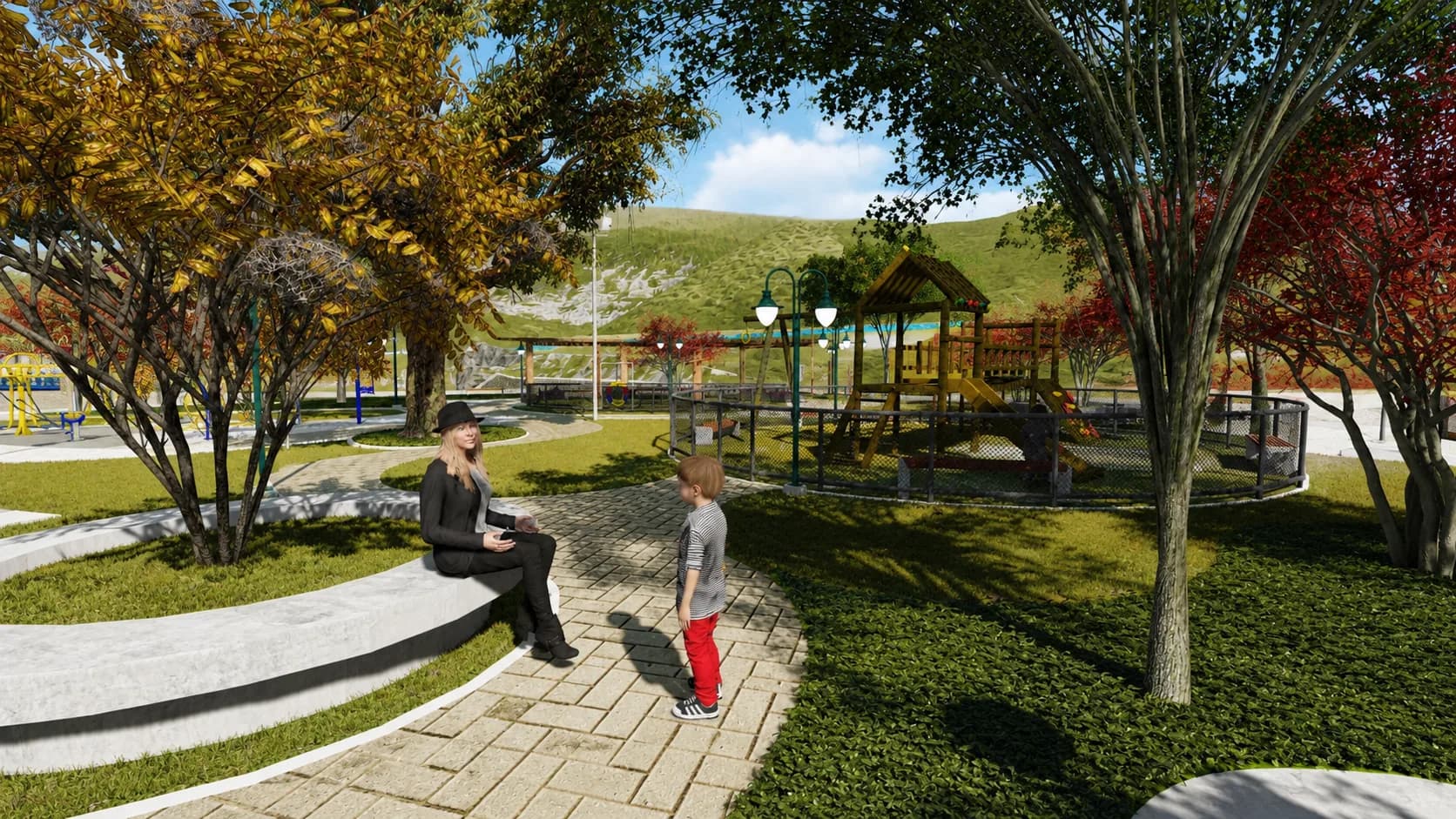 Praça de convivência arborizada com bancos curvos (imagem ilustrativa)