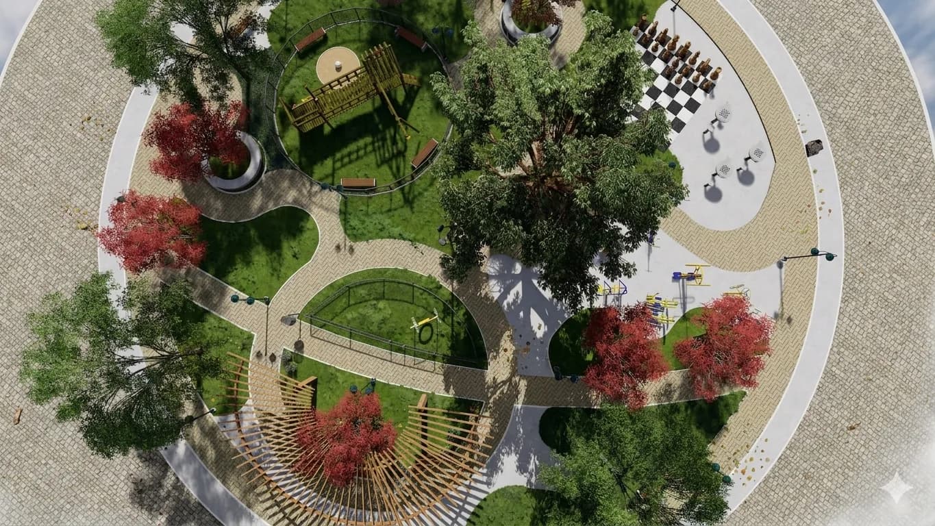 Vista aérea da praça de 1.600m² com playground, xadrez humano e pergolado circular (imagem ilustrativa)